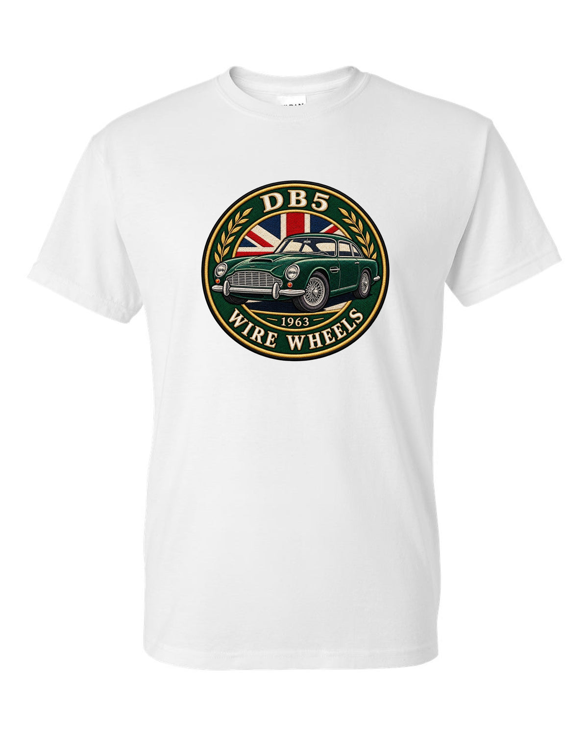 Aston Martin DB5 varsity crest with DB5 1963 WIRE WHEELS lettering white t-shirt front view with the design