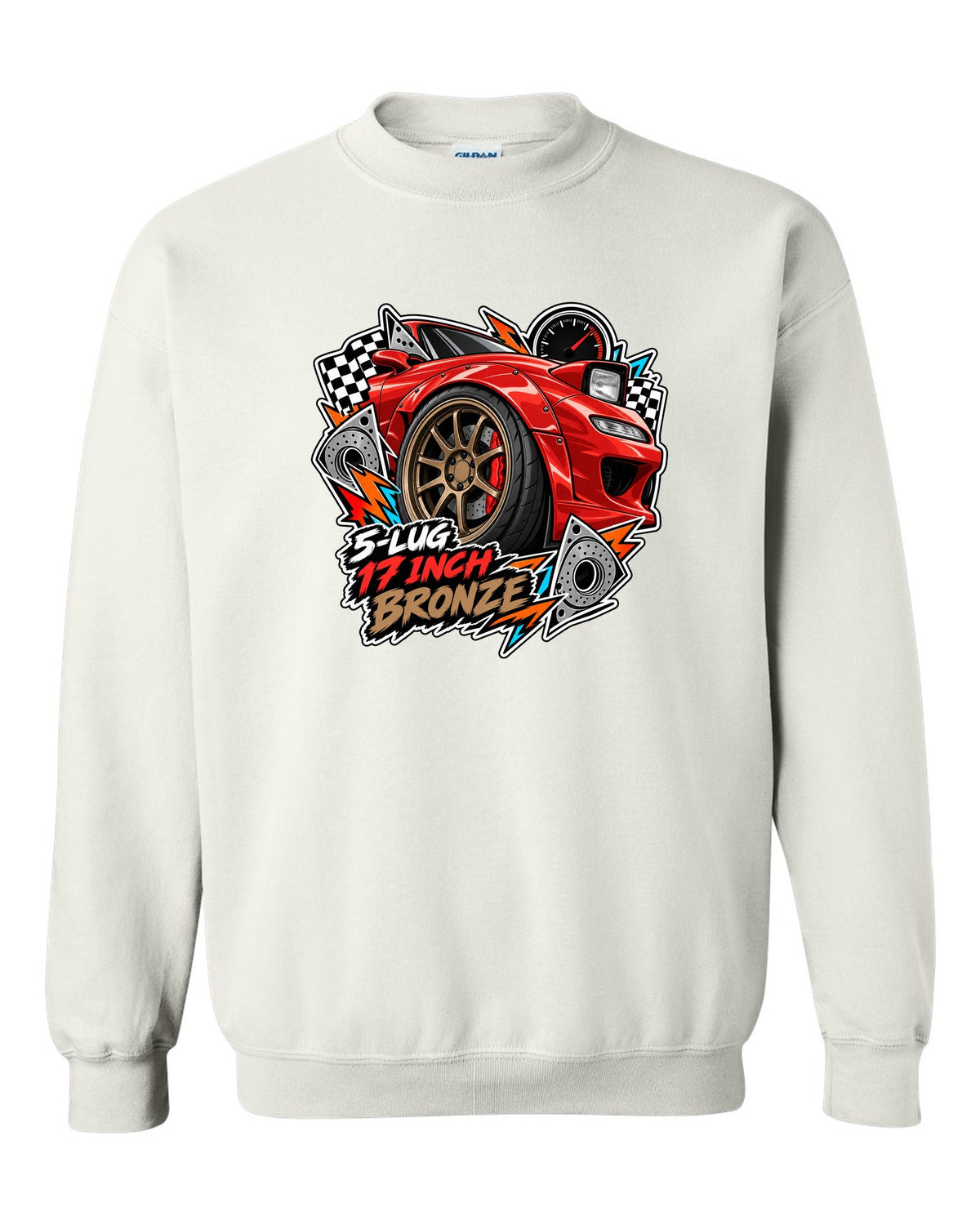 Gauge cluster print of a Mazda RX-7 FD3S boost needle with the text Boost Leak Somewhere white crewneck front view with the design