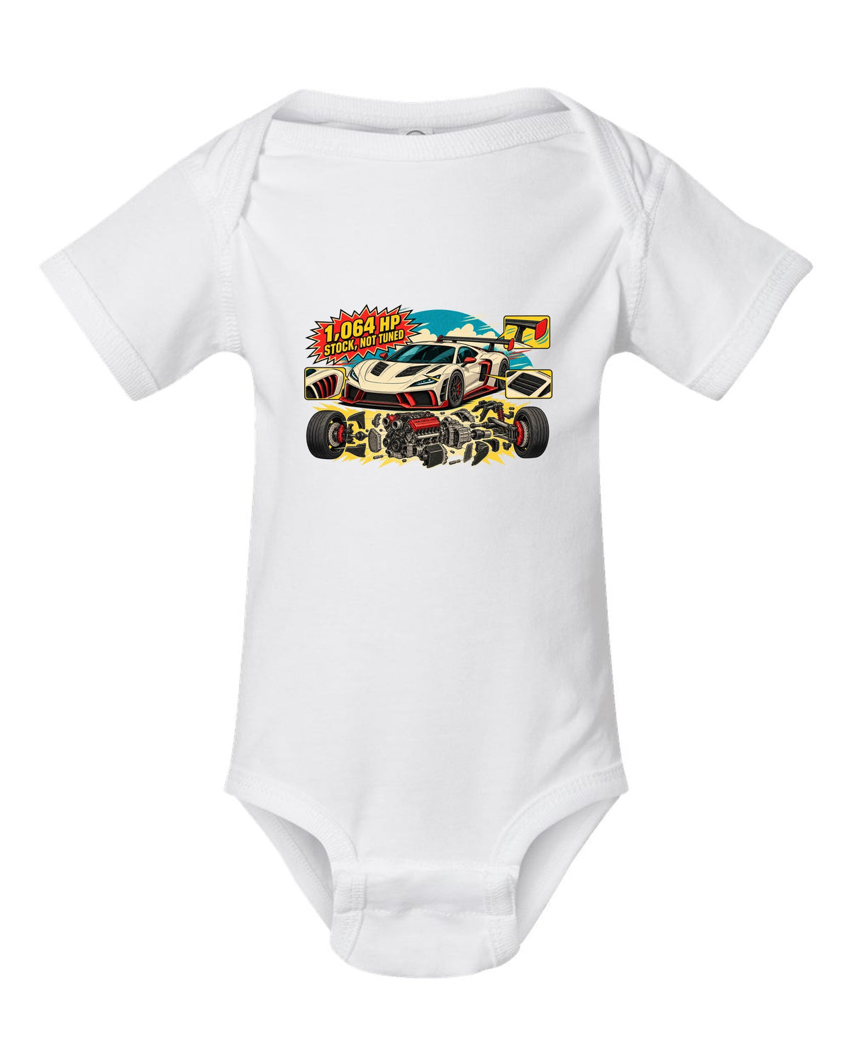 Exploded flat-plane V8 engine schematic with a 2023 C8 Corvette Z06 white baby onesie front view with the design