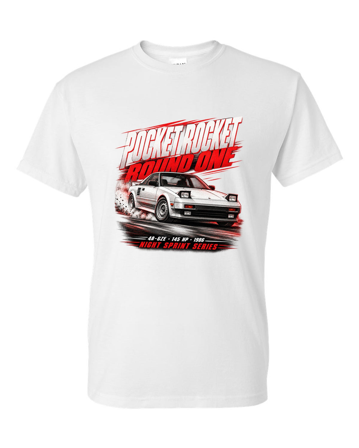 Race poster print of a supercharged Toyota MR2 AW11 with the text Pocket Rocket Round One 4A-GZE white t-shirt front view with the design
