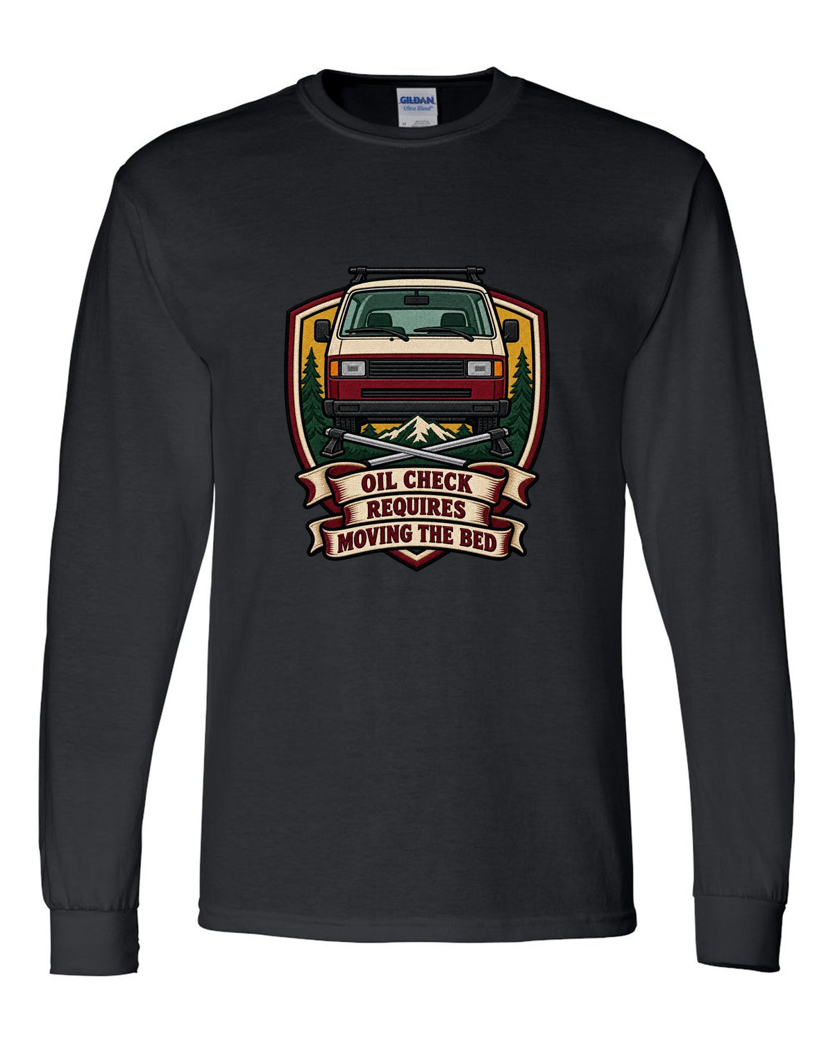 Varsity crest print for a VW T3 Vanagon with oil check requires moving the bed text black long sleeve front view with the design