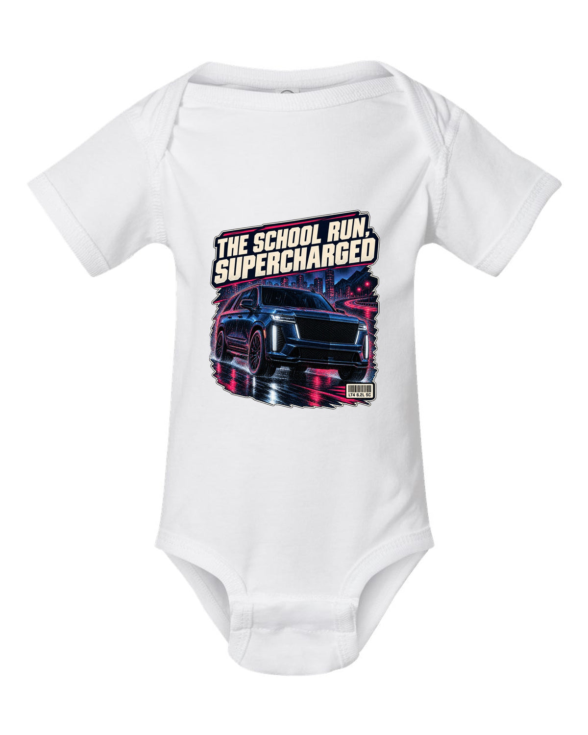 Night street print of a 2023-25 Cadillac Escalade-V white baby onesie front view with the design