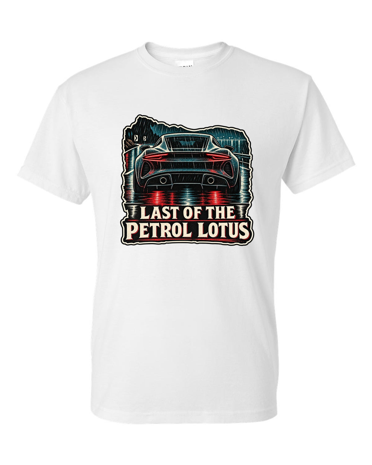 Lotus Emira in linocut woodcut style with LAST OF THE PETROL LOTUS lettering white t-shirt front view with the design