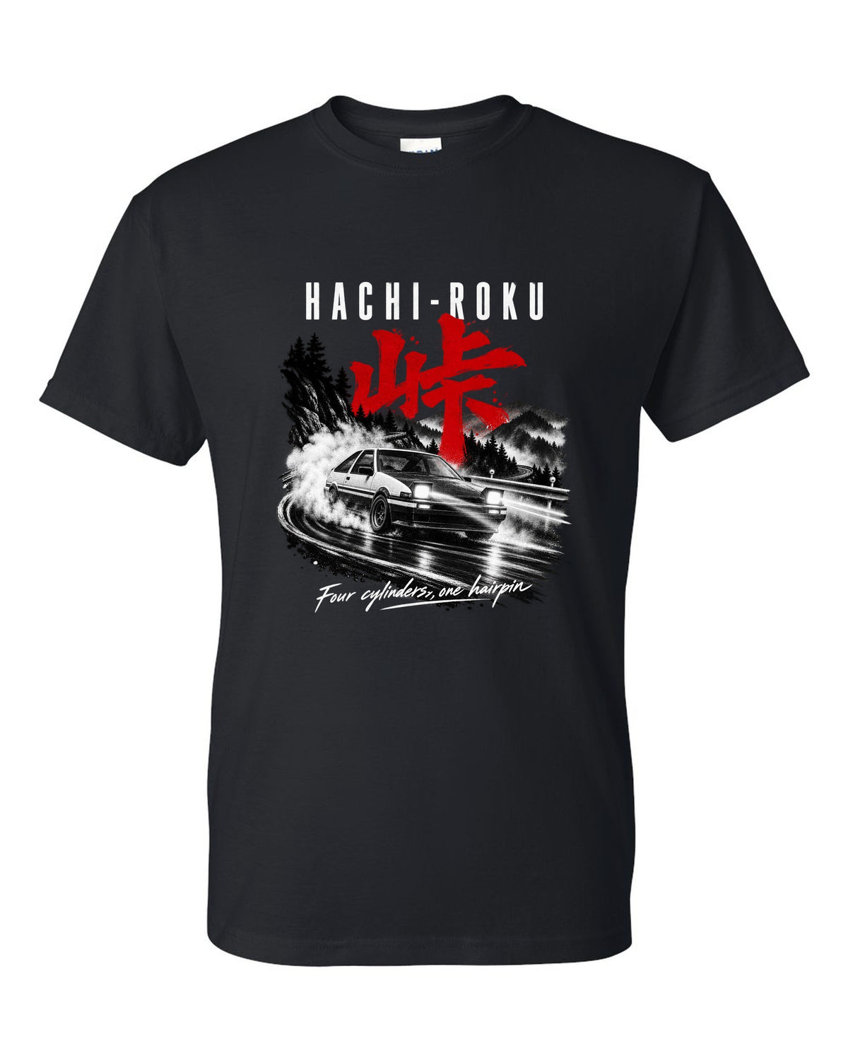print of a Toyota AE86 Sprinter Trueno on a night touge with Hachi-Roku lettering and a hairpin bend black t-shirt front view with the design