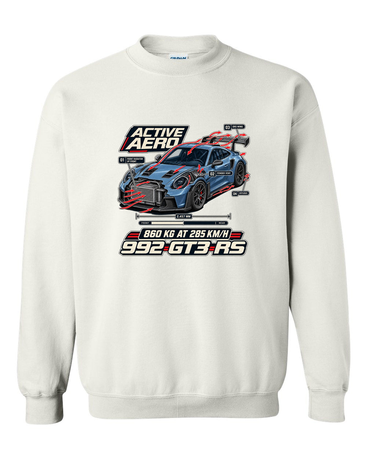 Porsche 992 GT3 RS aero and cutaway callouts print design white crewneck front view with the design