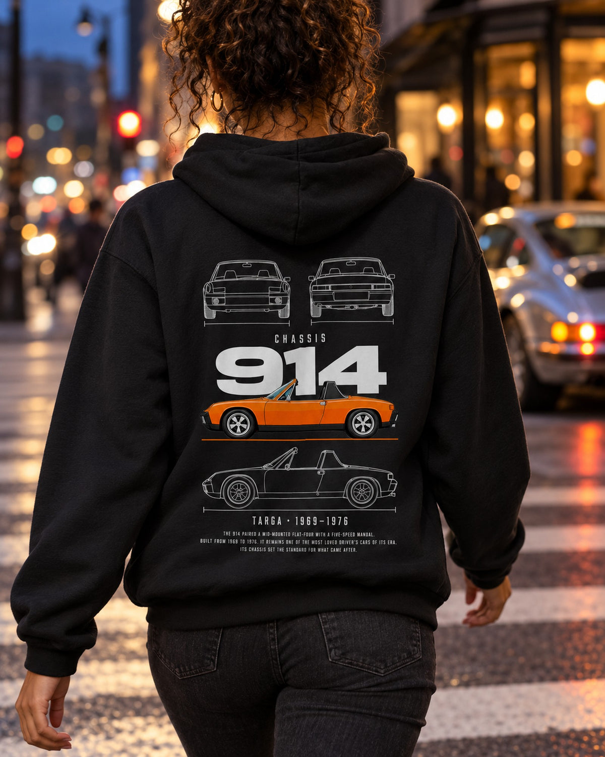 Porsche 914 Blueprint Full-Back Graphic Tee, 914 Chassis Code Pull Over Hoodie Black worn hero