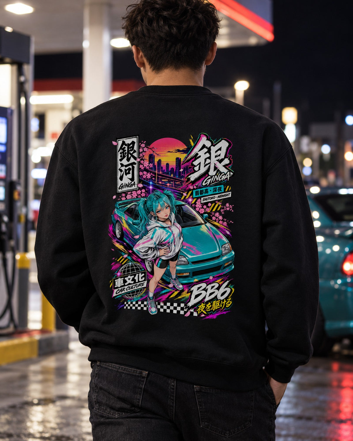 GINGA BB6 Anime Girl Full-Back Graphic Tee Crewneck Black worn hero