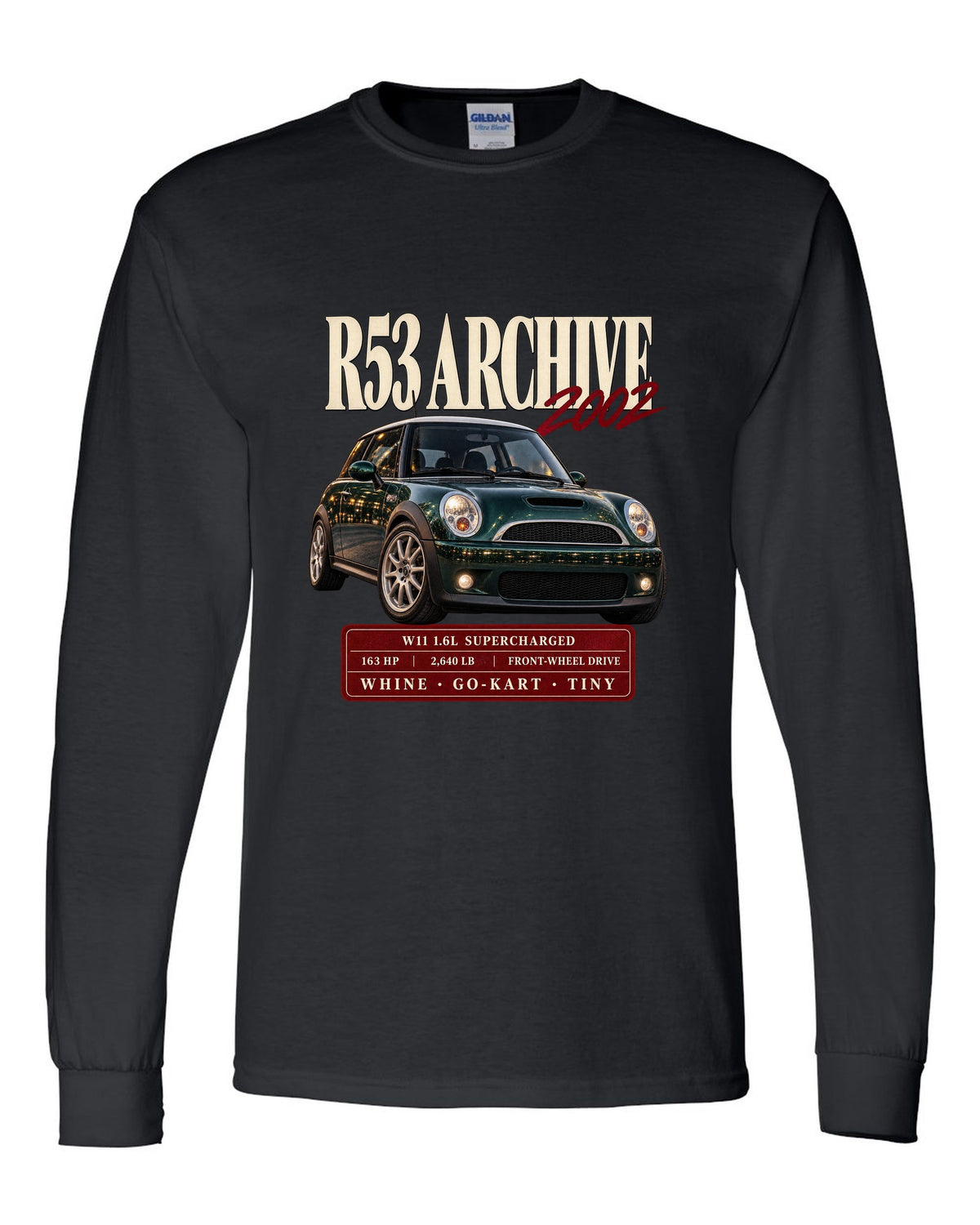 Mini Cooper S R53 archive panel with W11 supercharged engine specs black long sleeve front view with the design