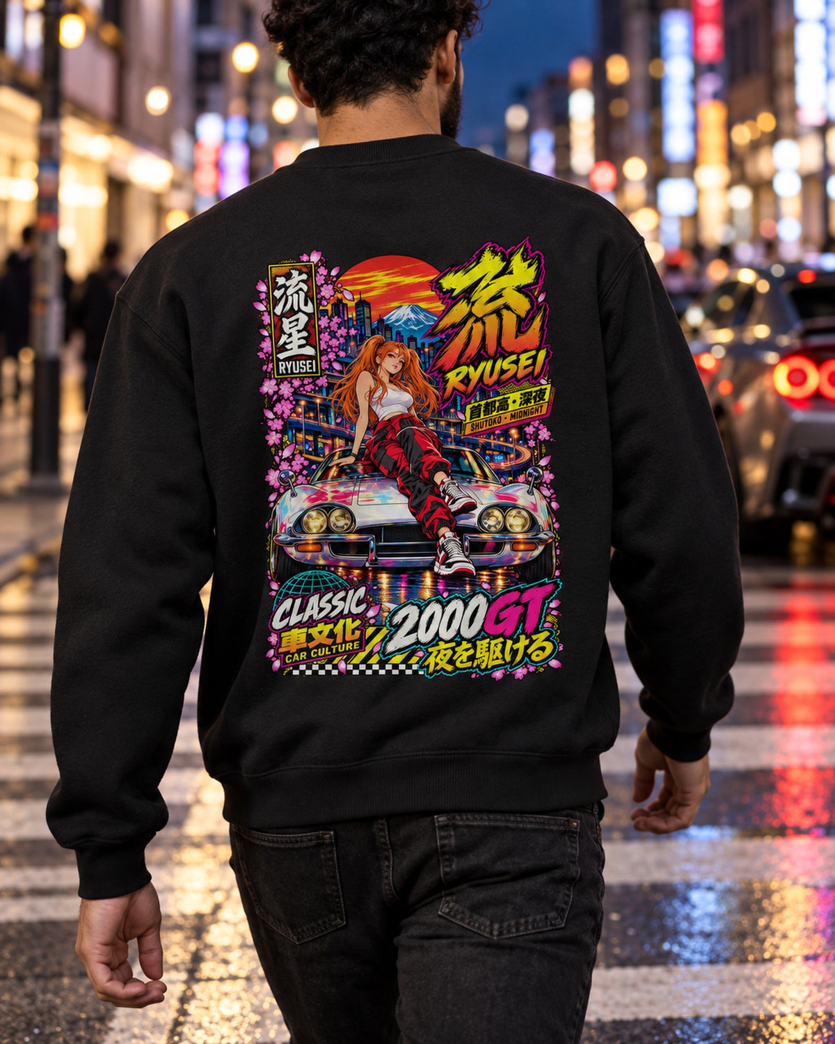 RYUSEI 2000GT Anime Girl Full-Back Graphic Tee Crewneck Black worn hero