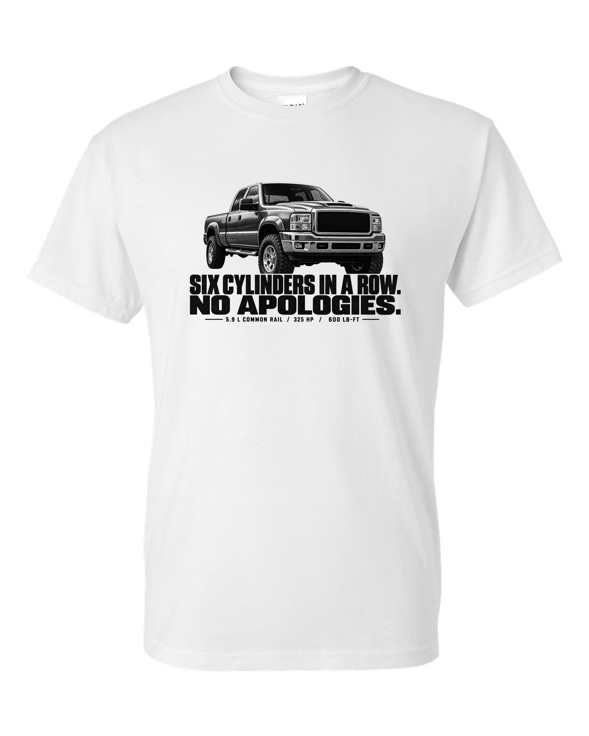 Halftone print of a 2003-09 Dodge Ram 2500 3rd gen in a front three-quarter view white t-shirt front view with the design