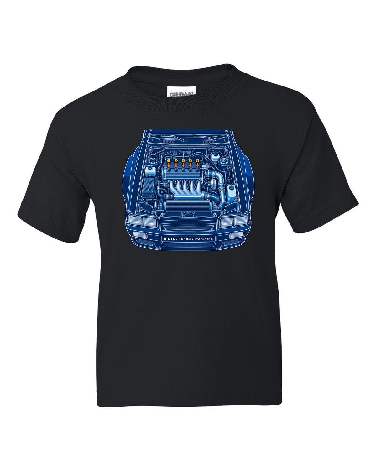 Cyanotype blueprint print of an Audi Ur-Quattro Type 85 with firing order text black kids tee front view with the design
