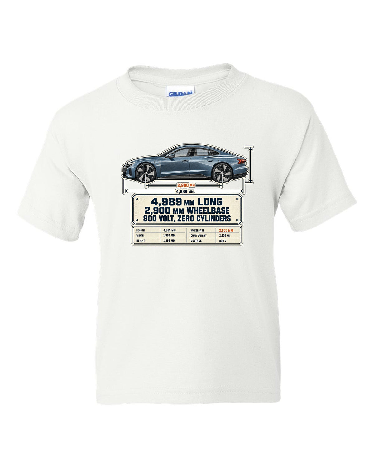 Audi RS e-tron GT J1 dimension blueprint print design white kids tee front view with the design
