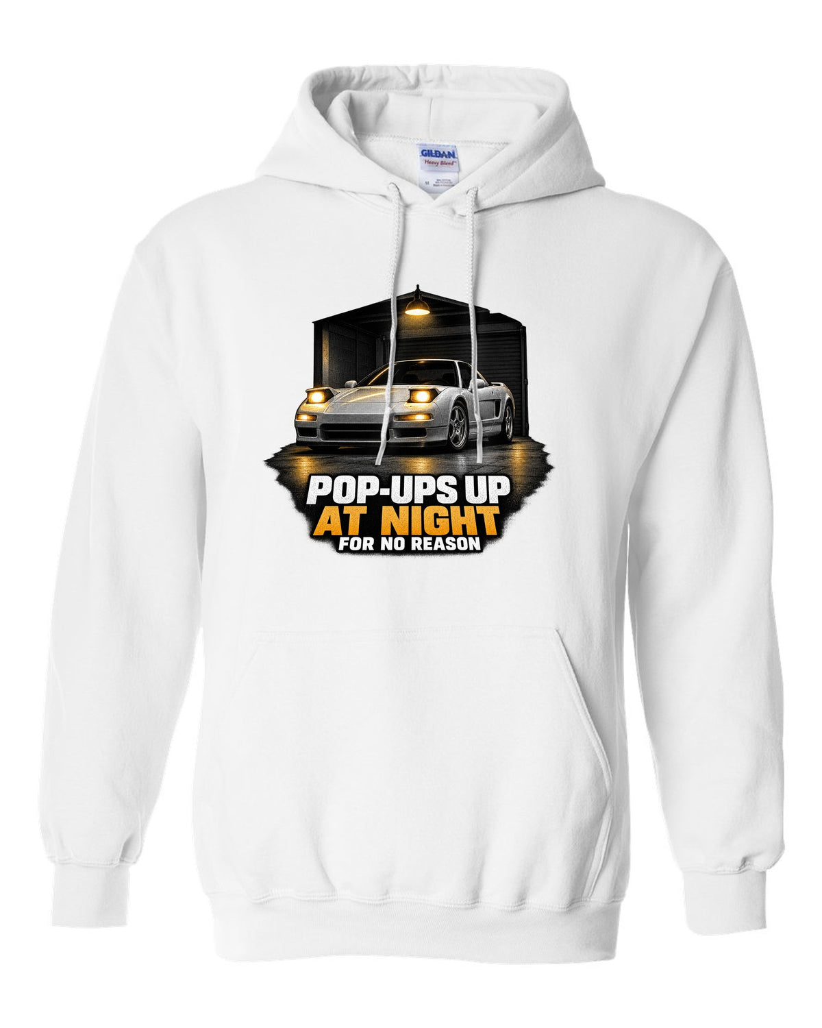 Honda NSX NA1 garage night design with pop-ups up at night for no reason text white pull over hoodie front view with the design