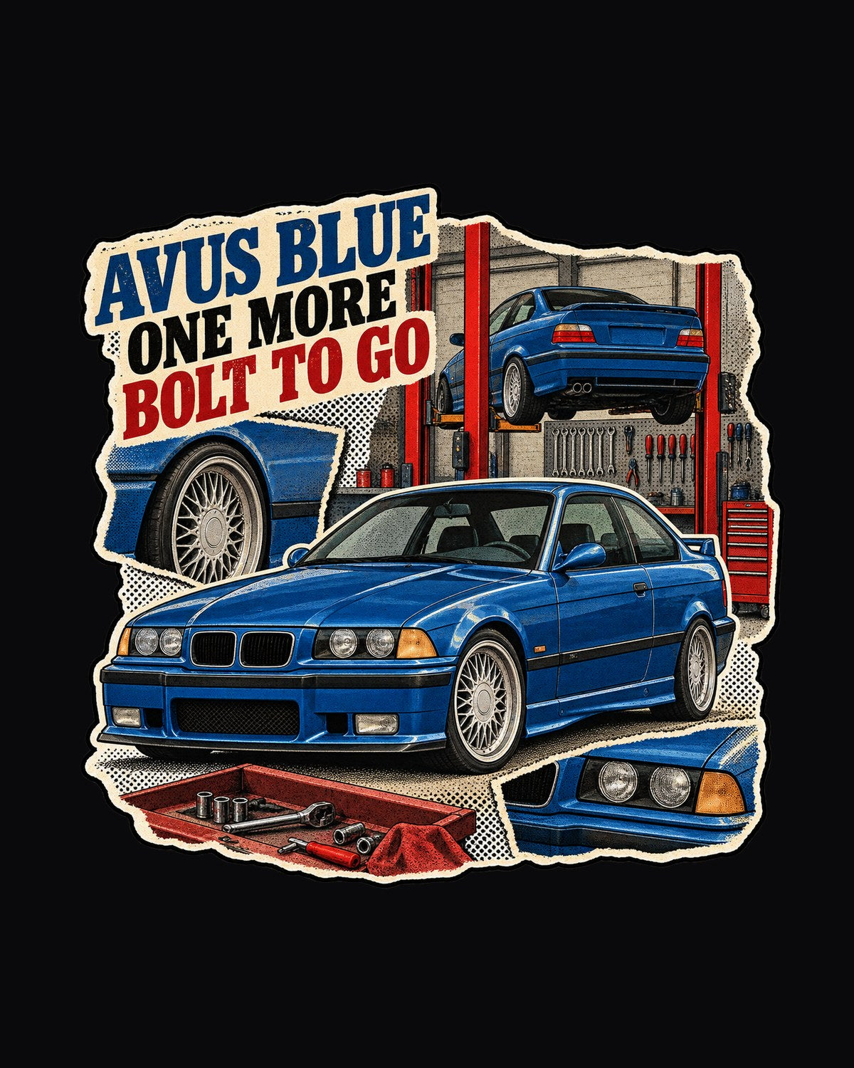 BMW E36 M3 Avus Blue Magazine Collage Shirt design only