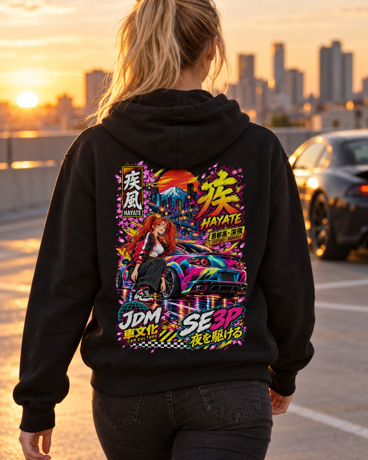 HAYATE SE3P Anime Girl Full-Back Graphic Tee Pull Over Hoodie Black worn hero