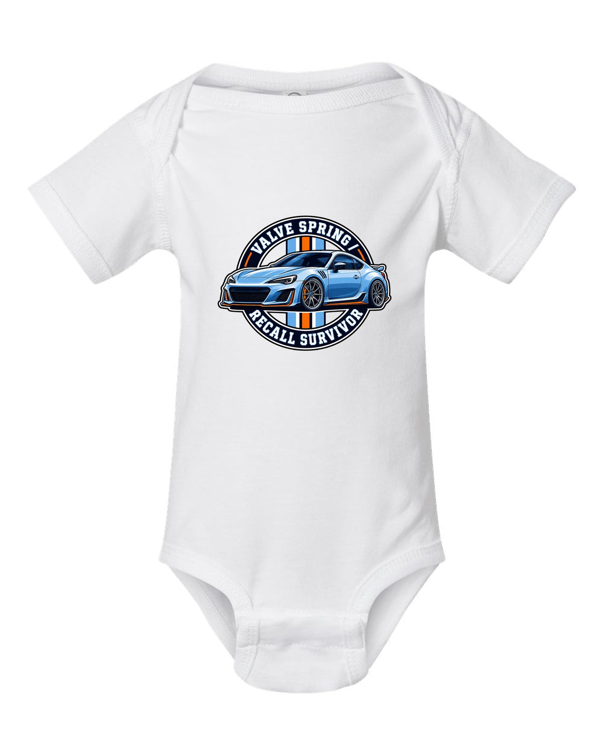 Round varsity crest design for a Subaru BRZ ZC6 reading valve spring recall survivor white baby onesie front view with the design