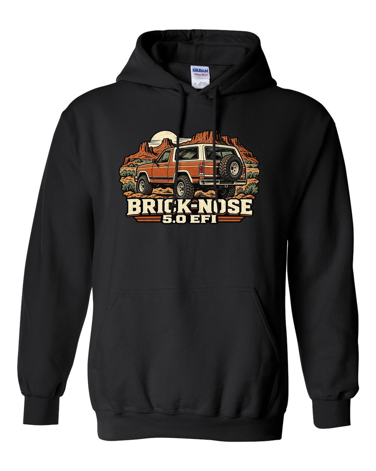 Ford Bronco Brick-Nose 1987-1991 rear in a linocut woodcut print black pull over hoodie front view with the design