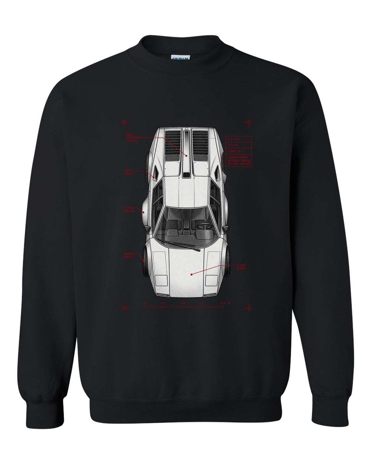 Spec poster print of a Lamborghini Countach LP400 with 4.0 V12 375 PS and 1,065 kg text black crewneck front view with the design