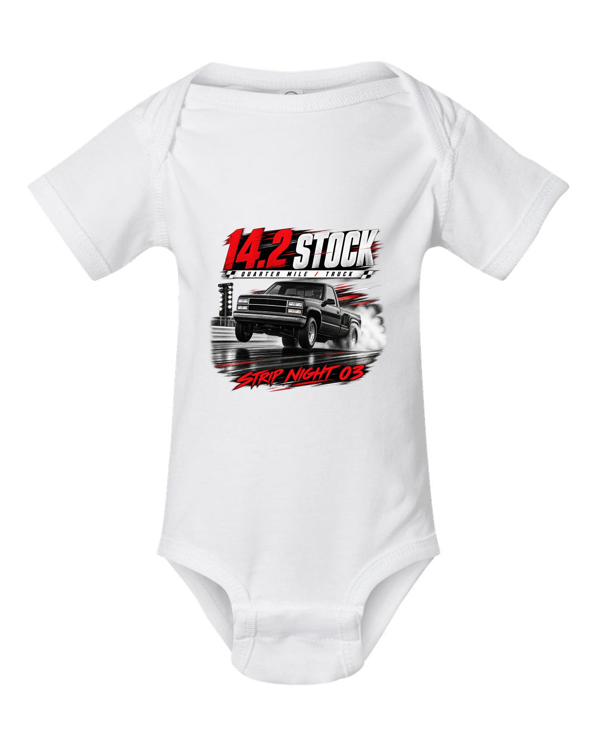 Race poster print of a 1993-95 Ford F-150 SVT Lightning with 14.2 quarter mile text white baby onesie front view with the design