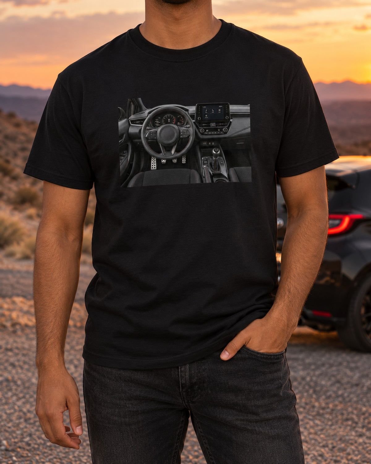 Toyota GR Yaris G16E-GTS Engine Bay Print Tee, Three-Cylinder T-Shirt Black worn hero