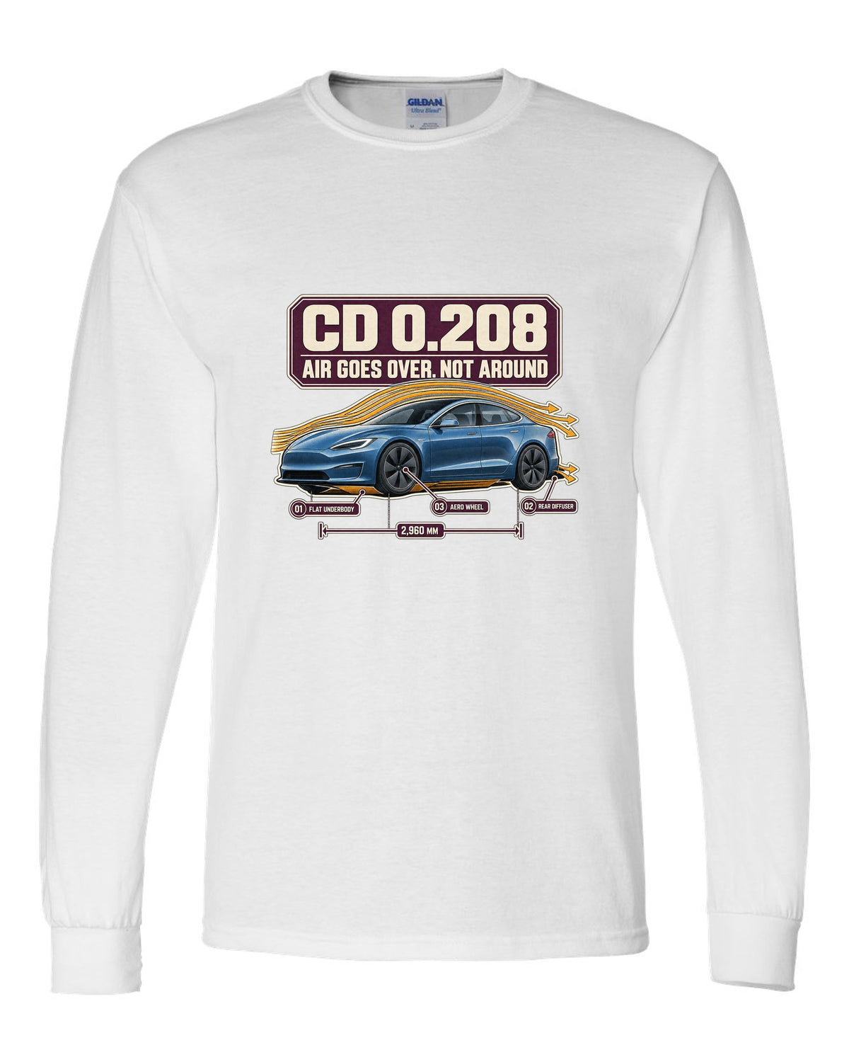 Aero callout print of a Tesla Model S Plaid with drag coefficient 0.208 white long sleeve front view with the design