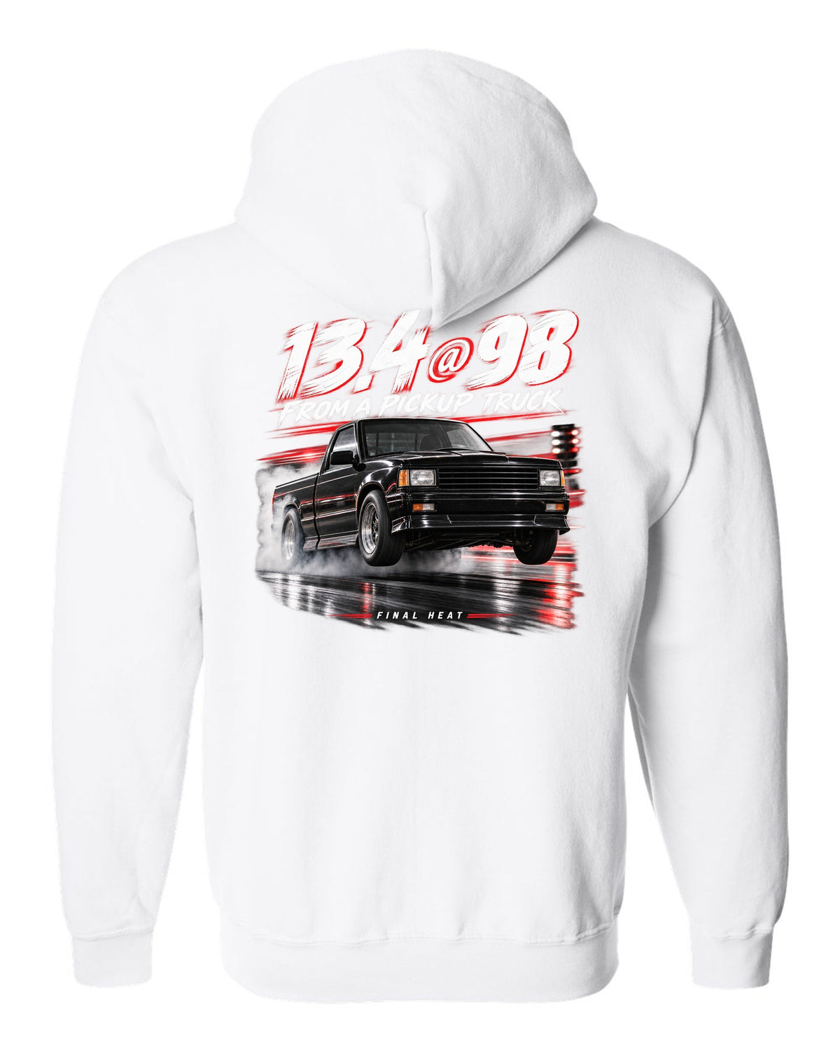 1991 GMC Syclone quarter mile race poster print white zip hoodie back view with the design