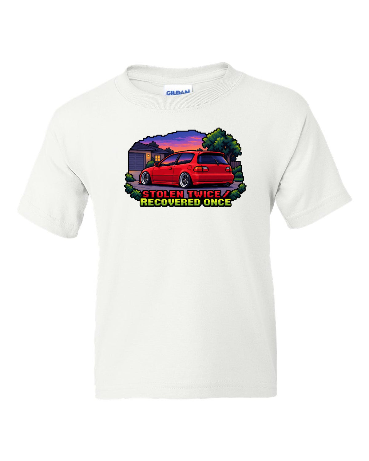 16-bit pixel art Honda Civic EG6 SiR print with stolen twice text white kids tee front view with the design