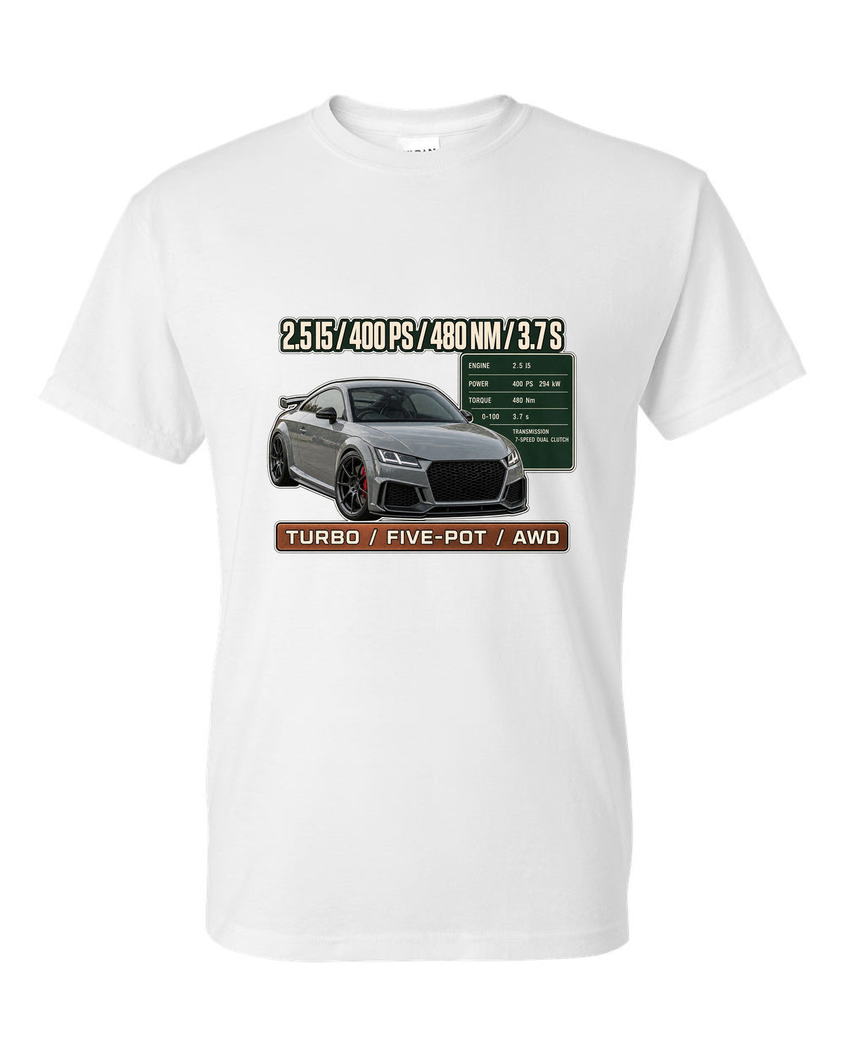 Audi TT RS 8S coupe spec poster print with 400 PS and 480 Nm white t-shirt front view with the design