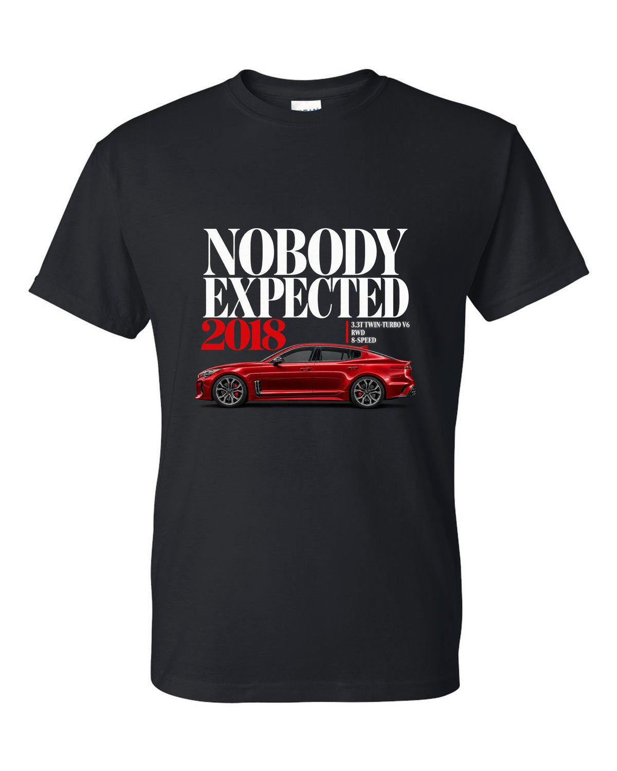 Kia Stinger GT editorial headline print with twin-turbo V6 spec text black t-shirt front view with the design