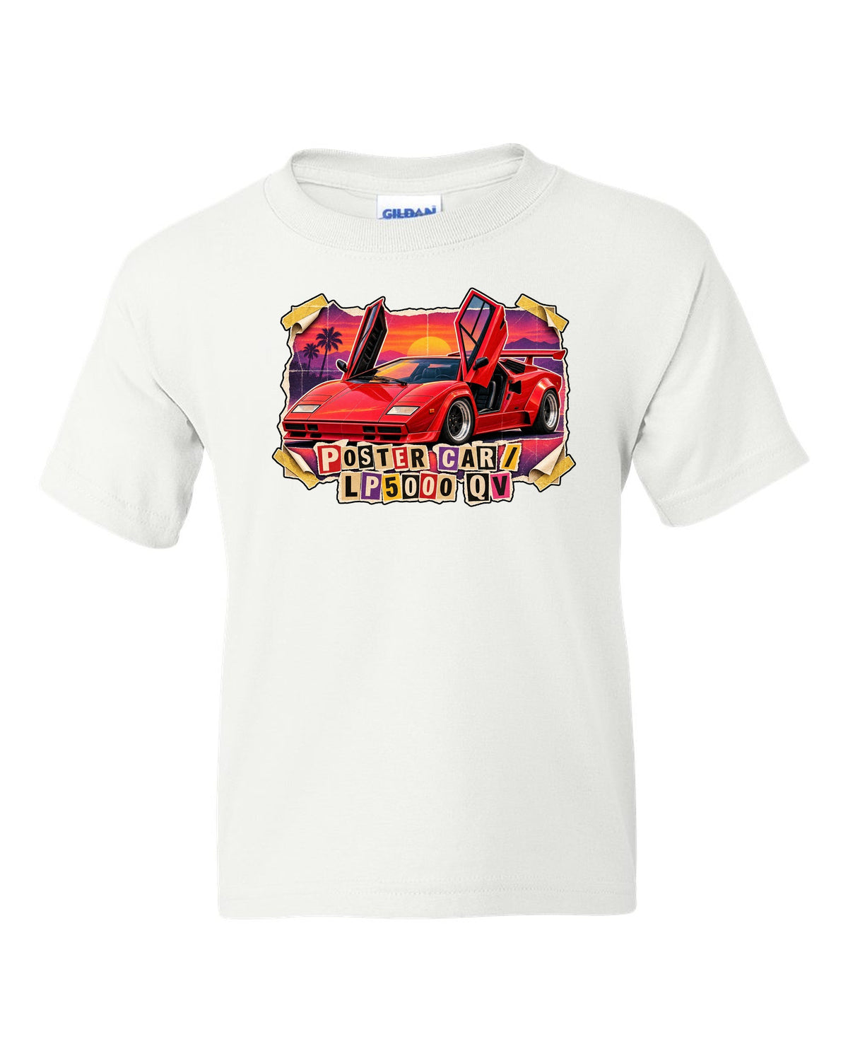 Magazine-cutout collage of a Lamborghini Countach LP5000 QV styled as a pull-out poster car white kids tee front view with the design