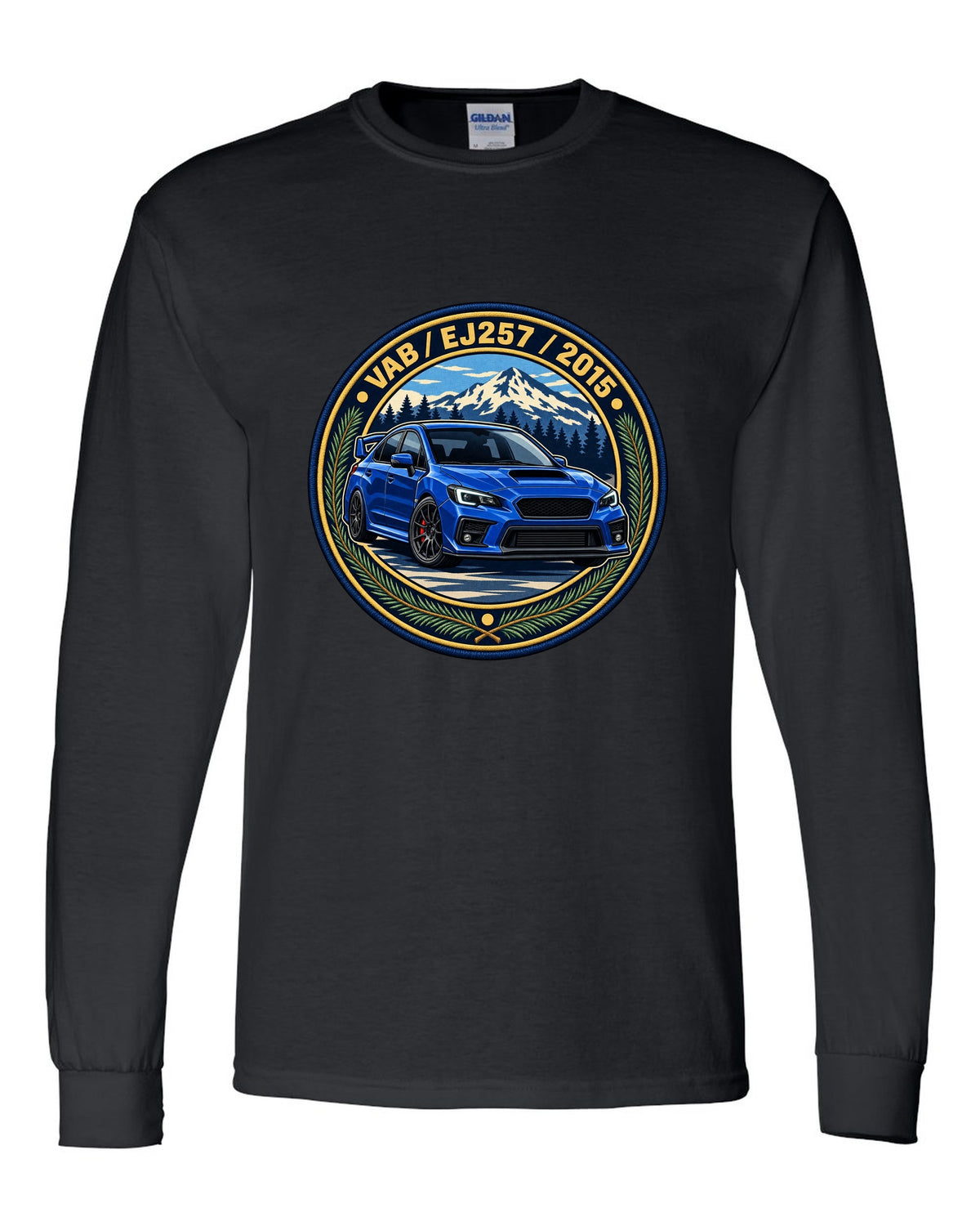 Subaru WRX STI VAB round varsity crest print, VAB / EJ257 / 2015 black long sleeve front view with the design