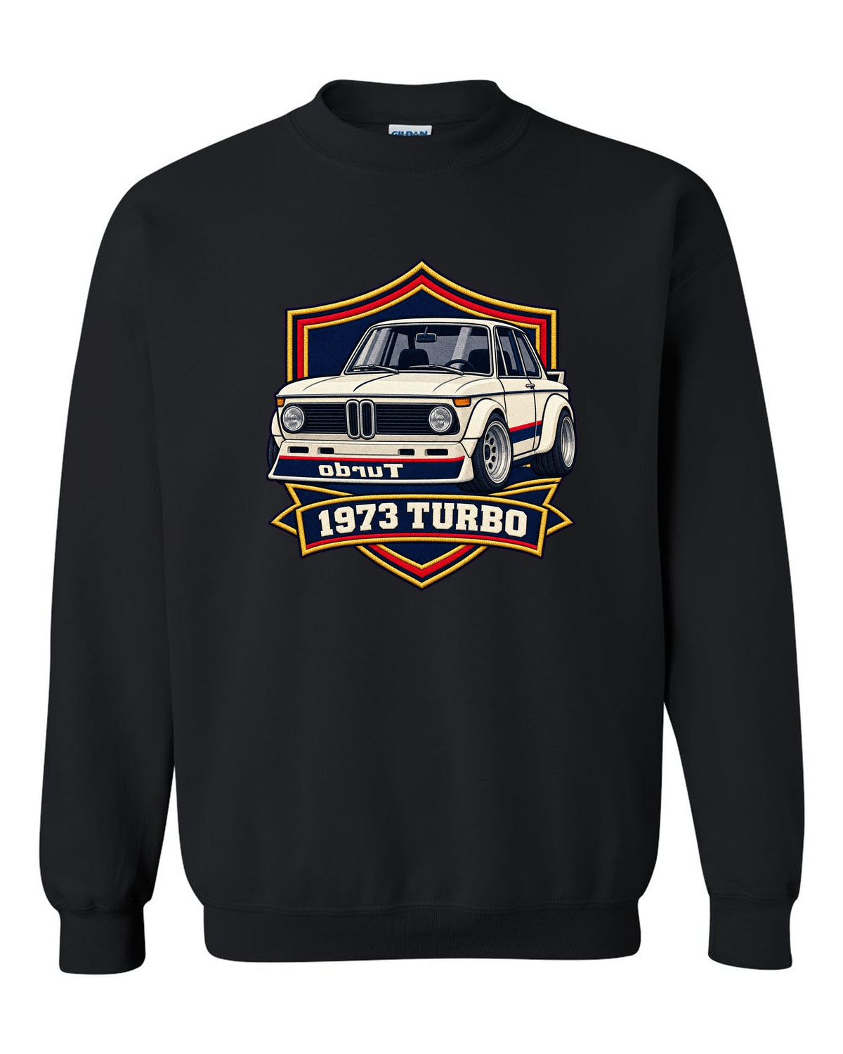 BMW 2002 turbo varsity crest print with mirrored turbo lettering and 1973 black crewneck front view with the design