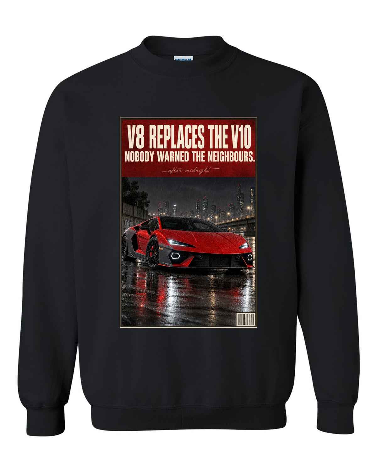 Night street print of the Lamborghini Temerario black crewneck front view with the design