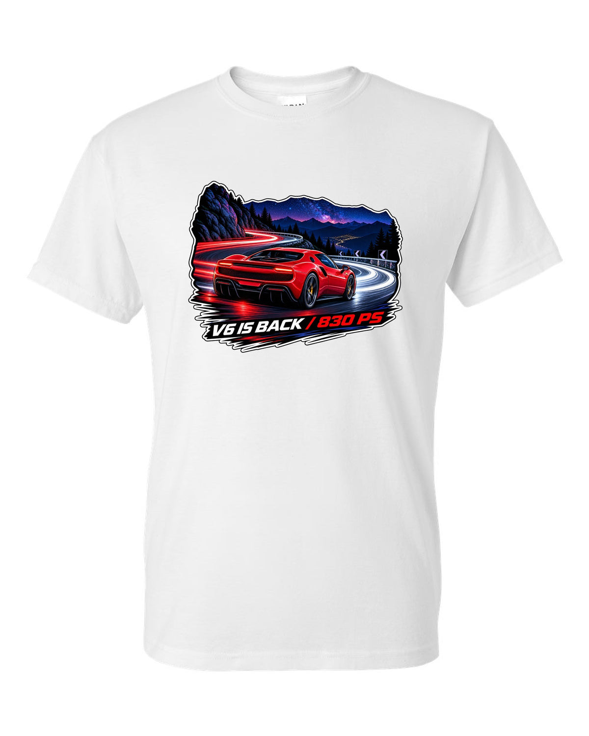Long-exposure light trail print of the Ferrari 296 GTB with V6 is back text white t-shirt front view with the design
