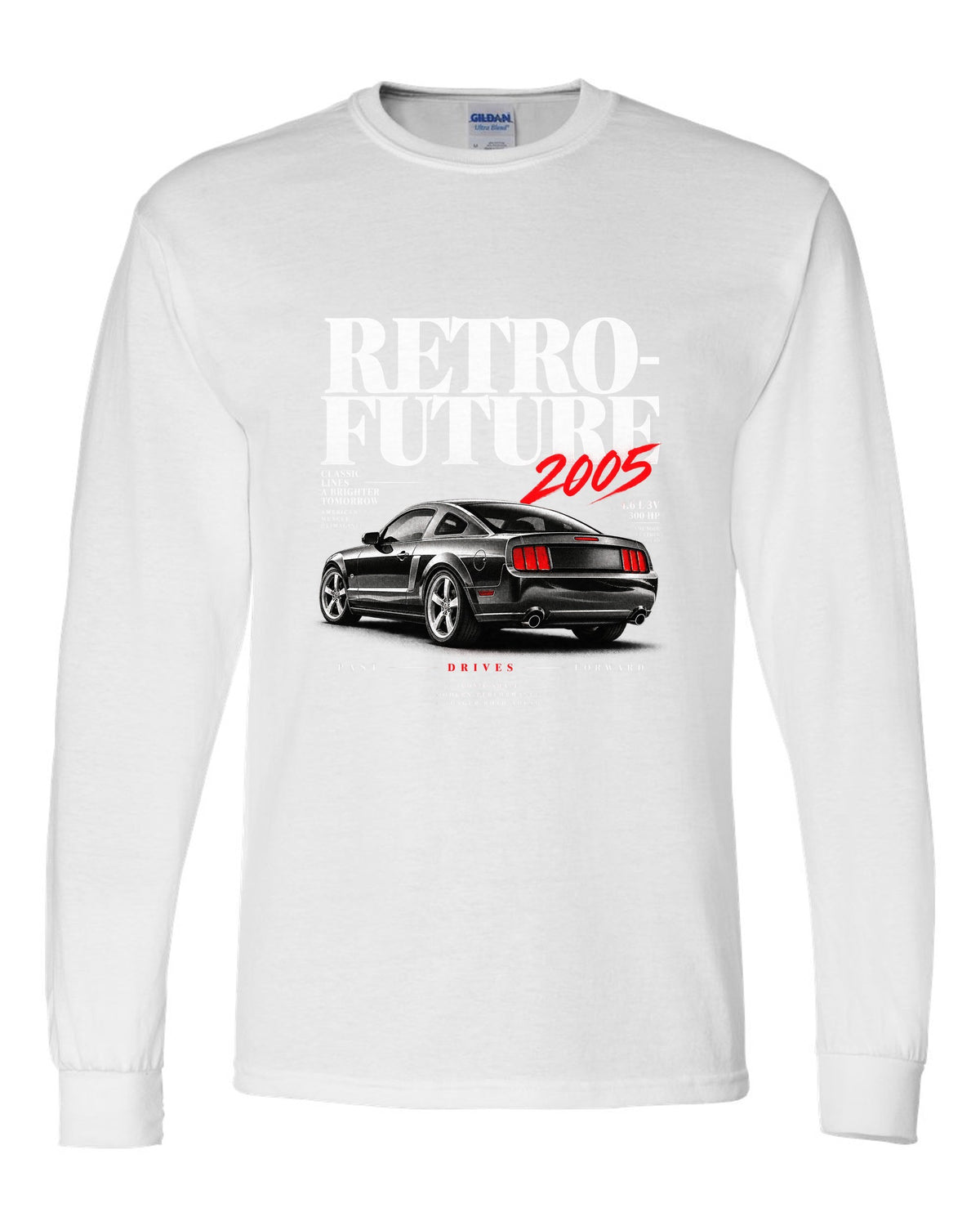 Editorial headline print of a 2005-09 Ford Mustang S197 GT white long sleeve front view with the design