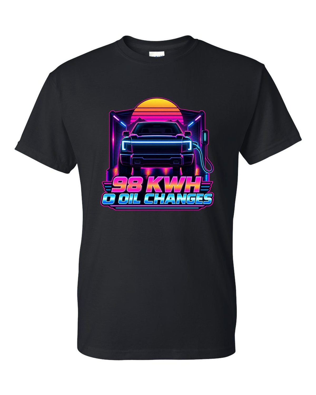 Ford F-150 Lightning EV with lightbar in a neon synthwave outline print black t-shirt front view with the design