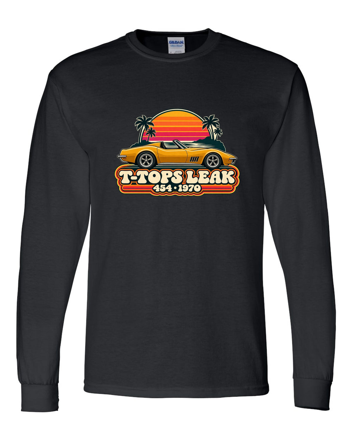 Vintage 70s sunset stripe print of a 1970 Corvette C3 Stingray reading T-Tops Leak 454 black long sleeve front view with the design