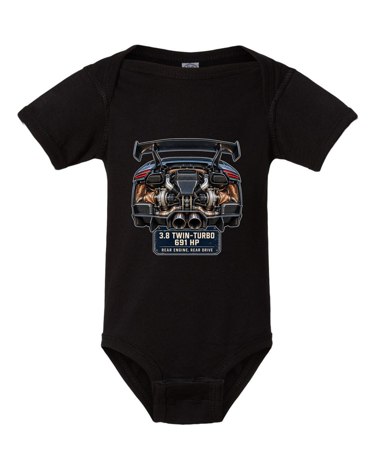 Engine hero print of a Porsche 911 GT2 RS 991.2 twin-turbo flat-six black baby onesie front view with the design