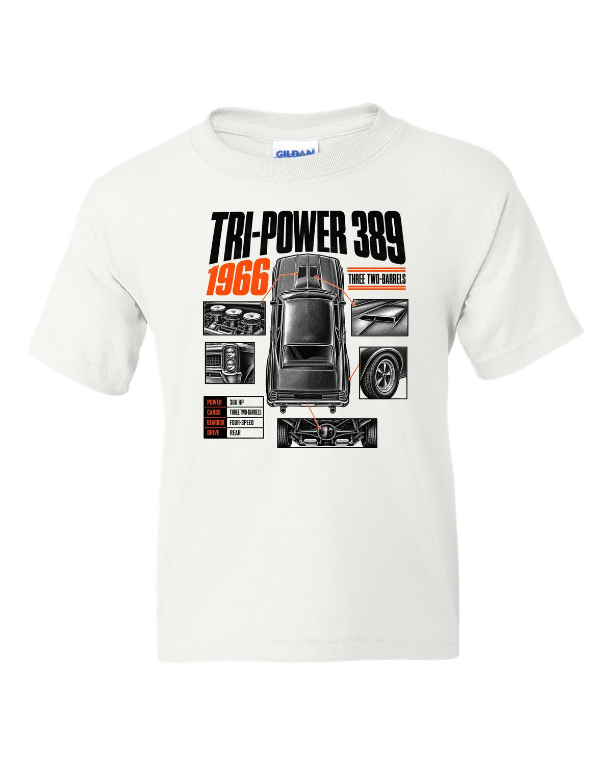 print spec poster of a 1966 Pontiac GTO with Tri-Power 389 lettering white kids tee front view with the design
