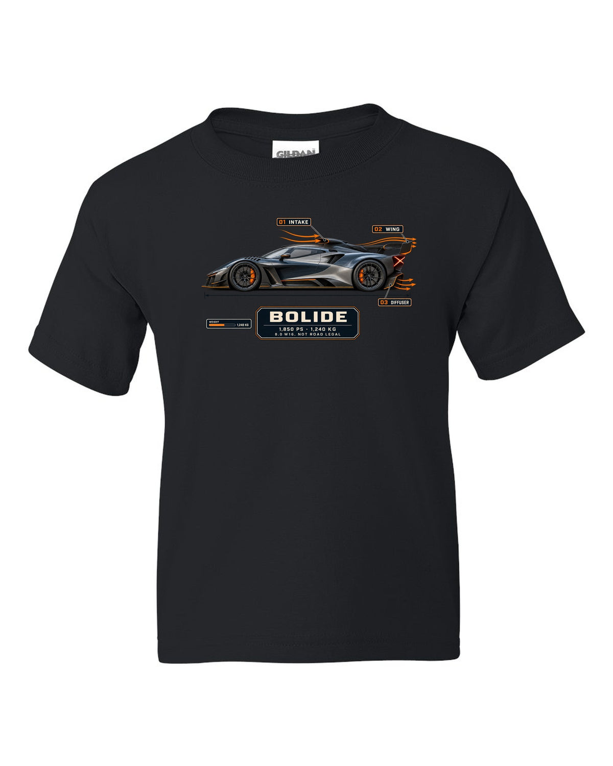 Aero callout cutaway of the Bugatti Bolide track concept, print black kids tee front view with the design
