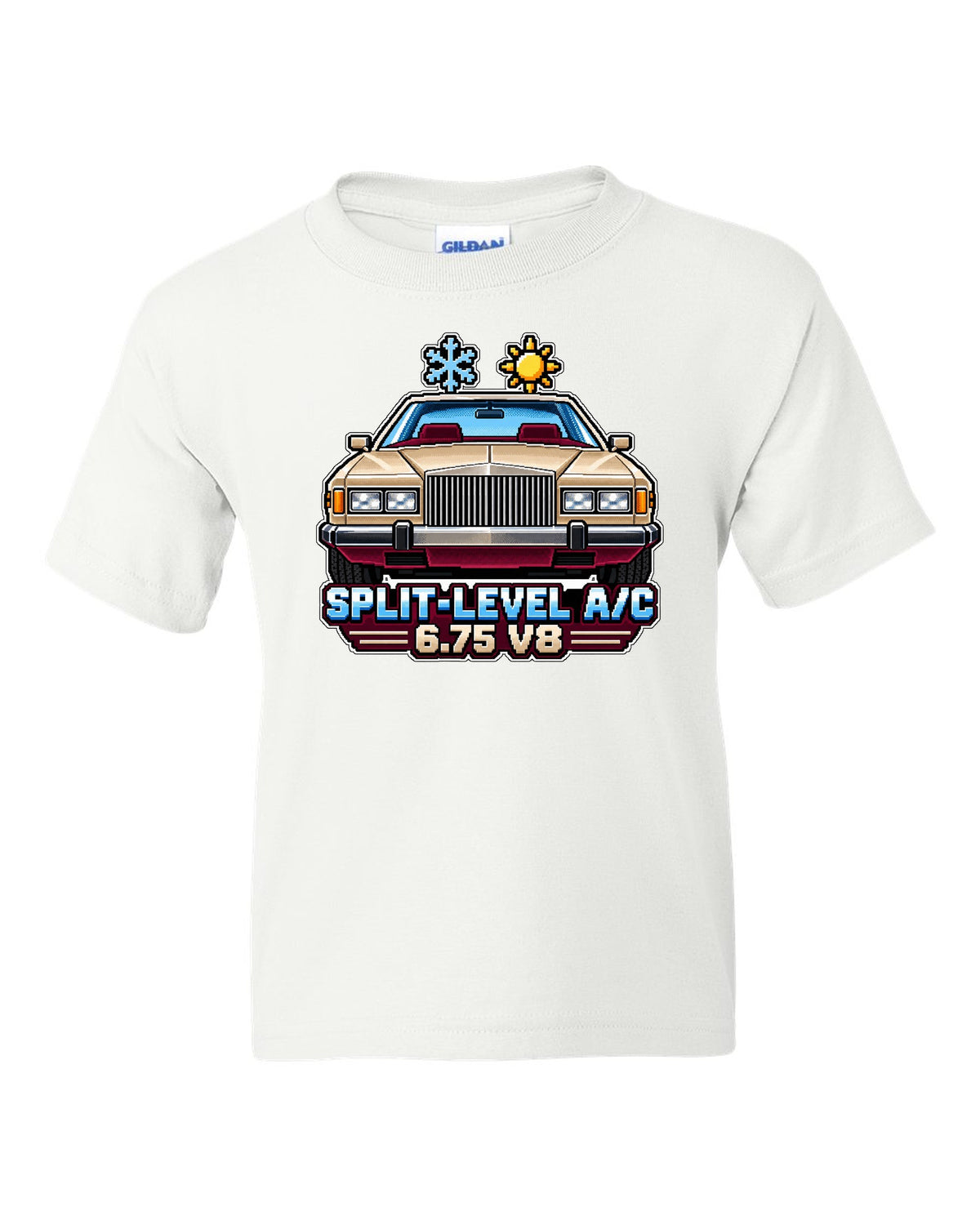 16-bit pixel art print of a 1975 Rolls-Royce Camargue with split-level A/C and 6.75 V8 lettering white kids tee front view with the design