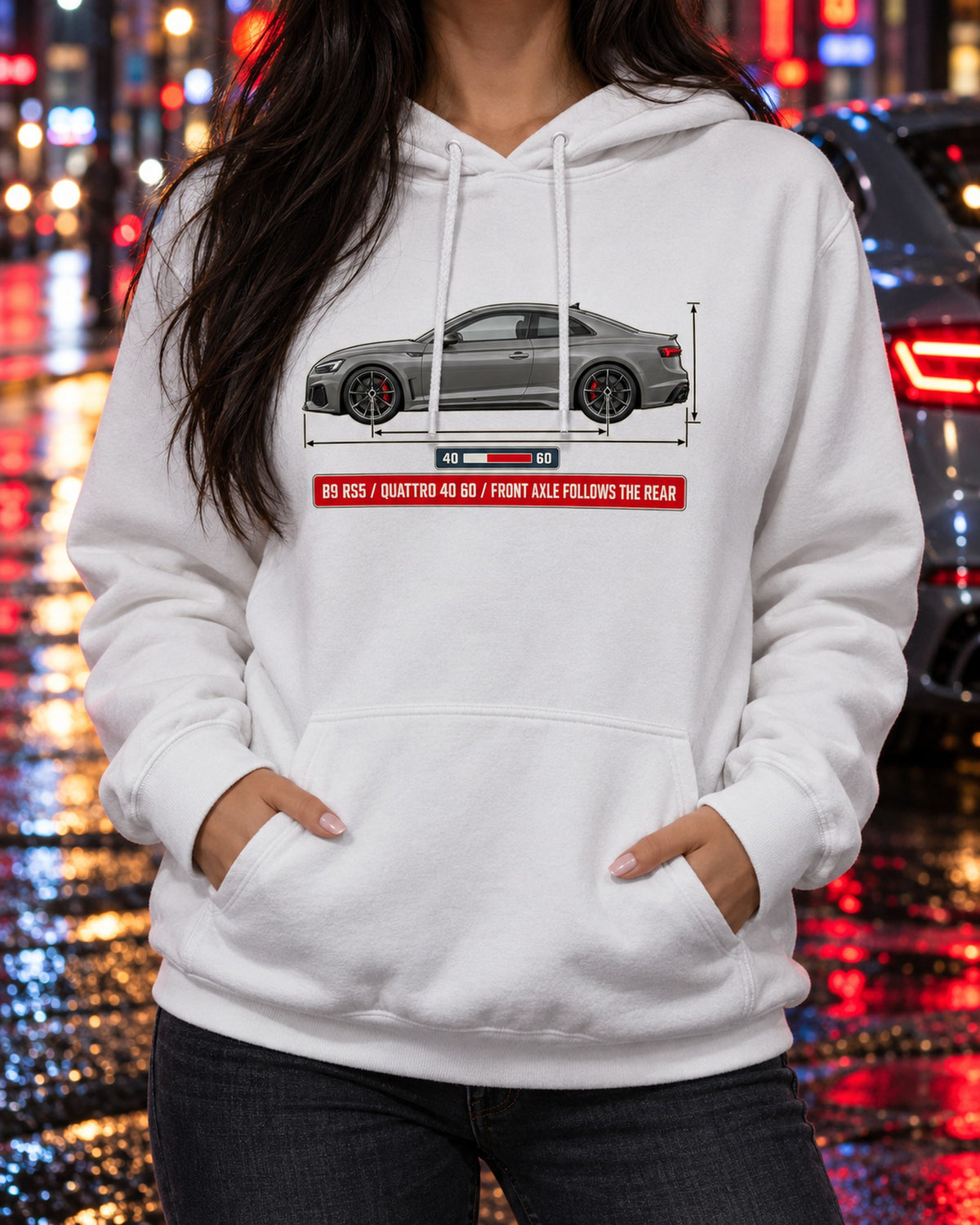 Audi RS5 Coupe B9 Facelift Dimension Blueprint, Quattro 40:60 Shirt Pull Over Hoodie White worn hero