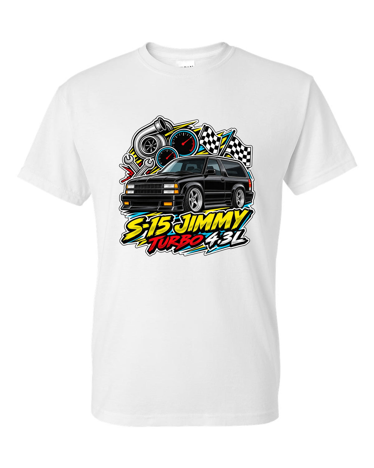 Sticker-bomb collage print of a 1992-93 GMC Typhoon with S-15 Jimmy Turbo 4.3L lettering white t-shirt front view with the design
