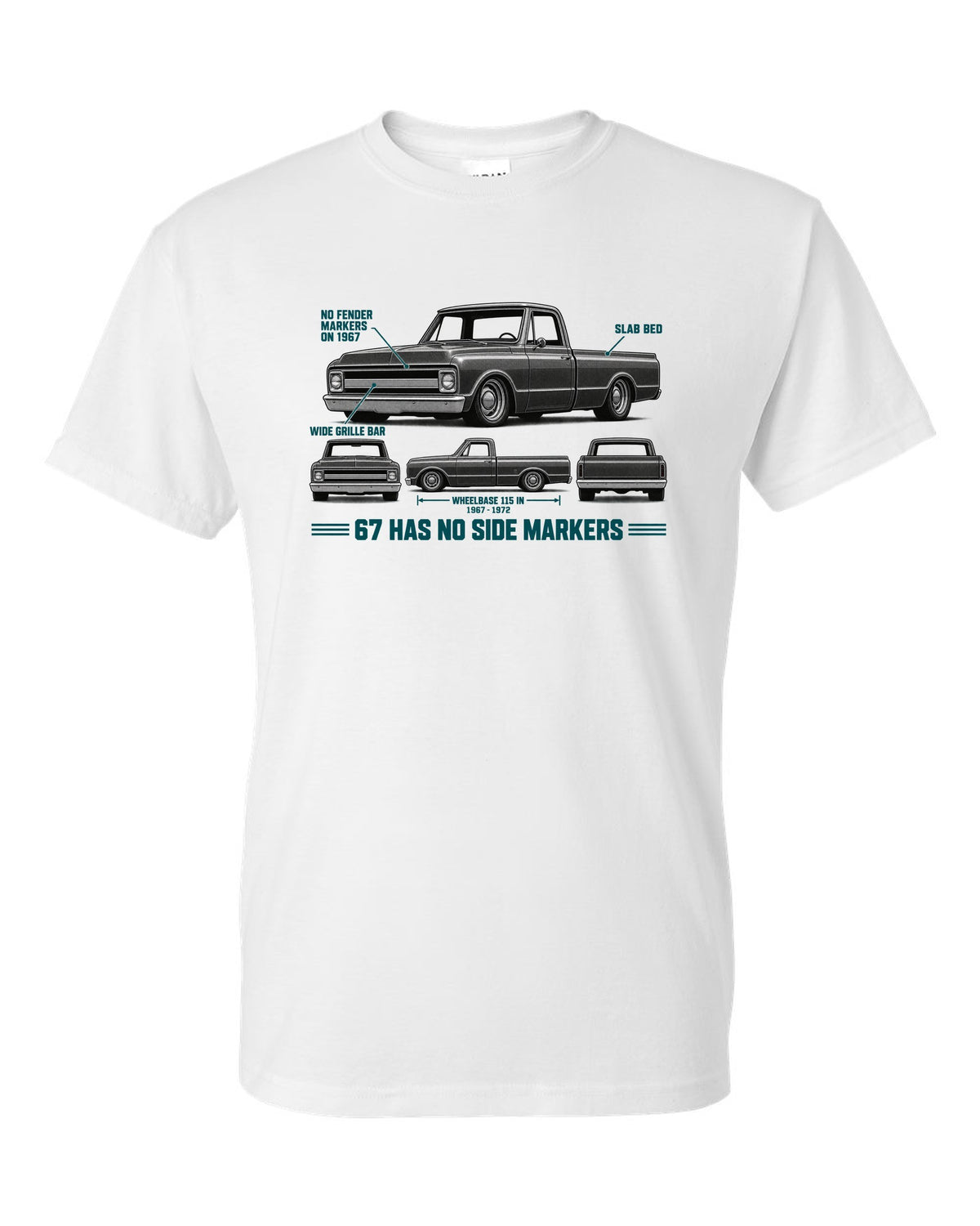 Chevrolet C10 Fleetside 1967-72 Spec Strip white t-shirt front view with the design