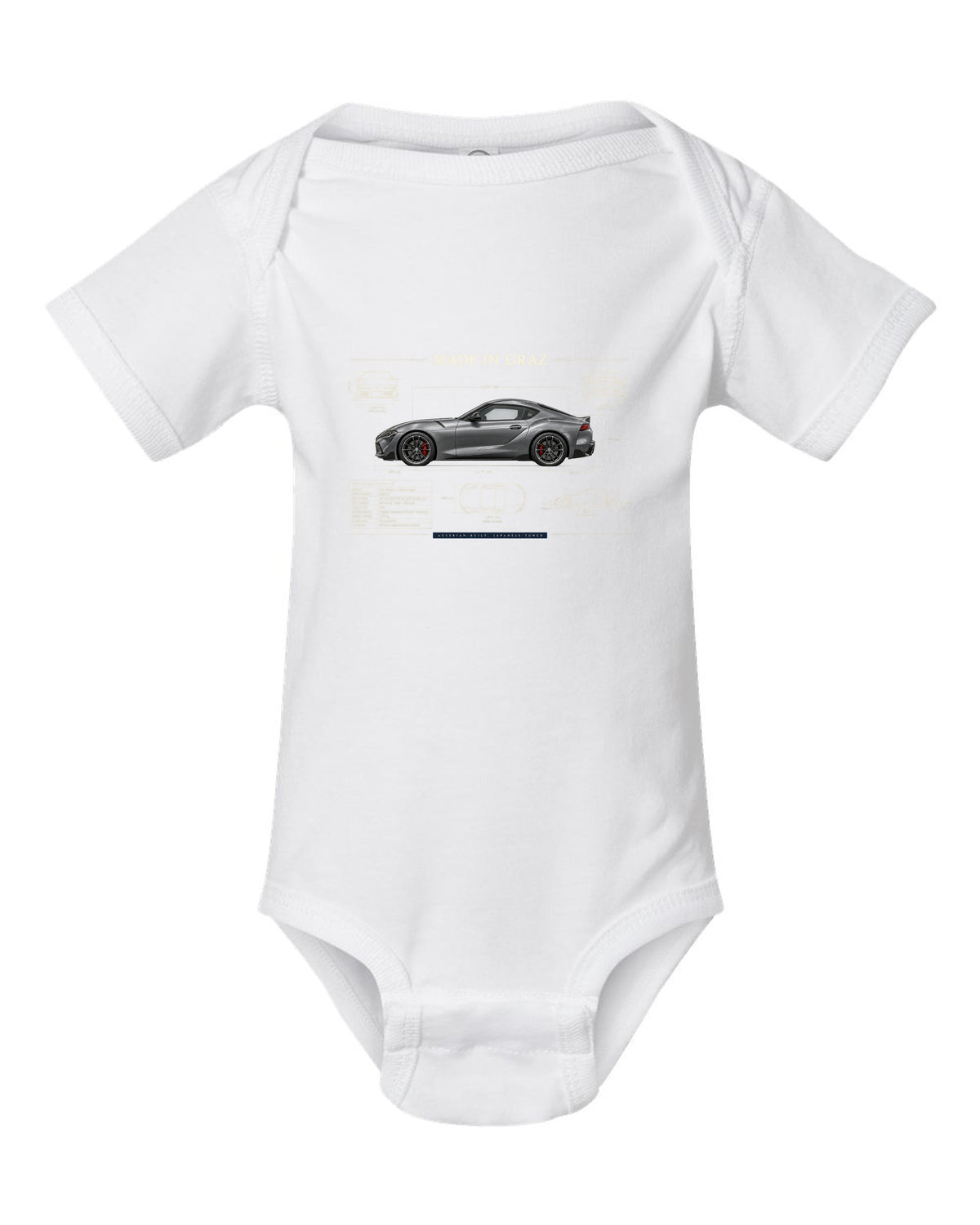 Steel blue Toyota GR Supra 3.0 with aero airflow callouts and 50:50 weight text white baby onesie front view with the design