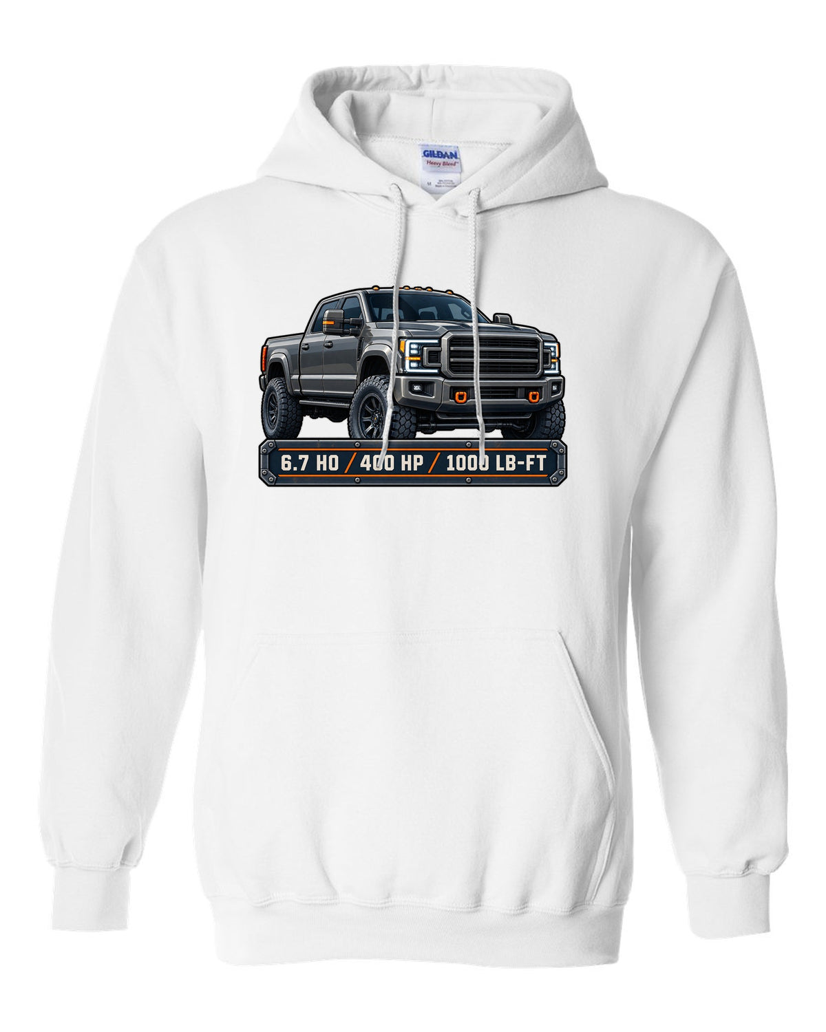 Spec-sheet data plate print for a 2019-2024 Ram HD 2500 crew cab with 6.7 HO 400 HP 1000 lb-ft text white pull over hoodie front view with the design