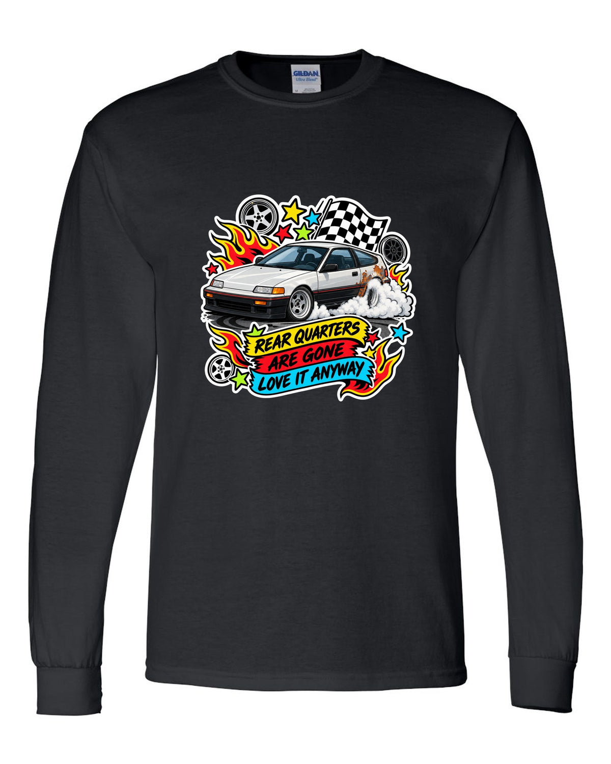 Sticker-bomb collage Honda CRX EF8 print with rusted rear quarters joke black long sleeve front view with the design