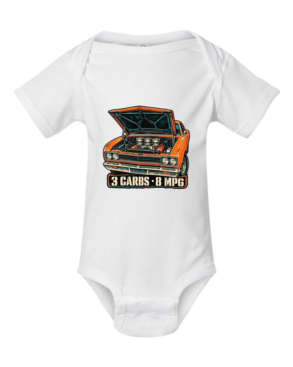 Four-colour grunge screen-print of a 1969 Plymouth Road Runner Six Pack with 3 carbs 8 MPG text white baby onesie front view with the design