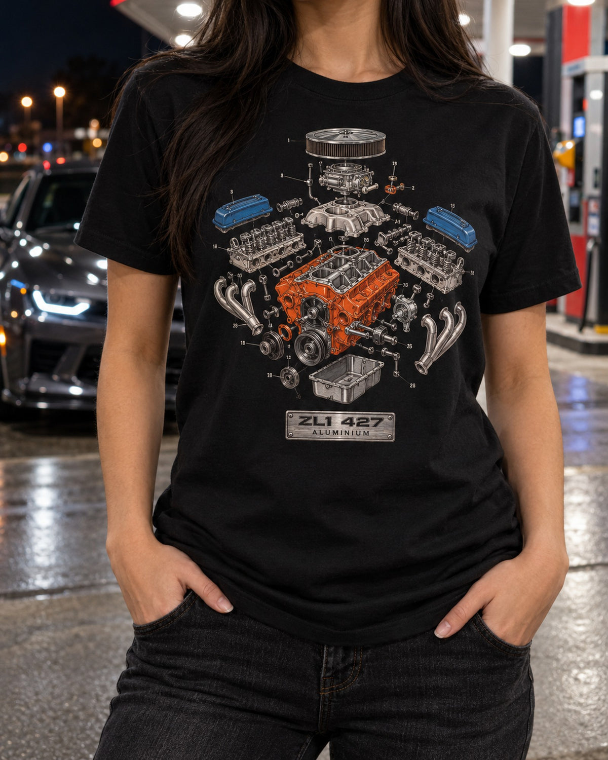 Chevrolet Camaro ZL1 427 Aluminum Engine Exploded Diagram Tee T-Shirt Black worn hero