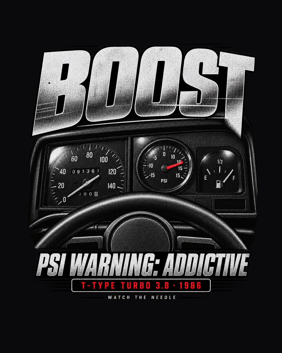 1986 Buick Grand National T-Type Turbo Boost Gauge Cockpit Tee design only